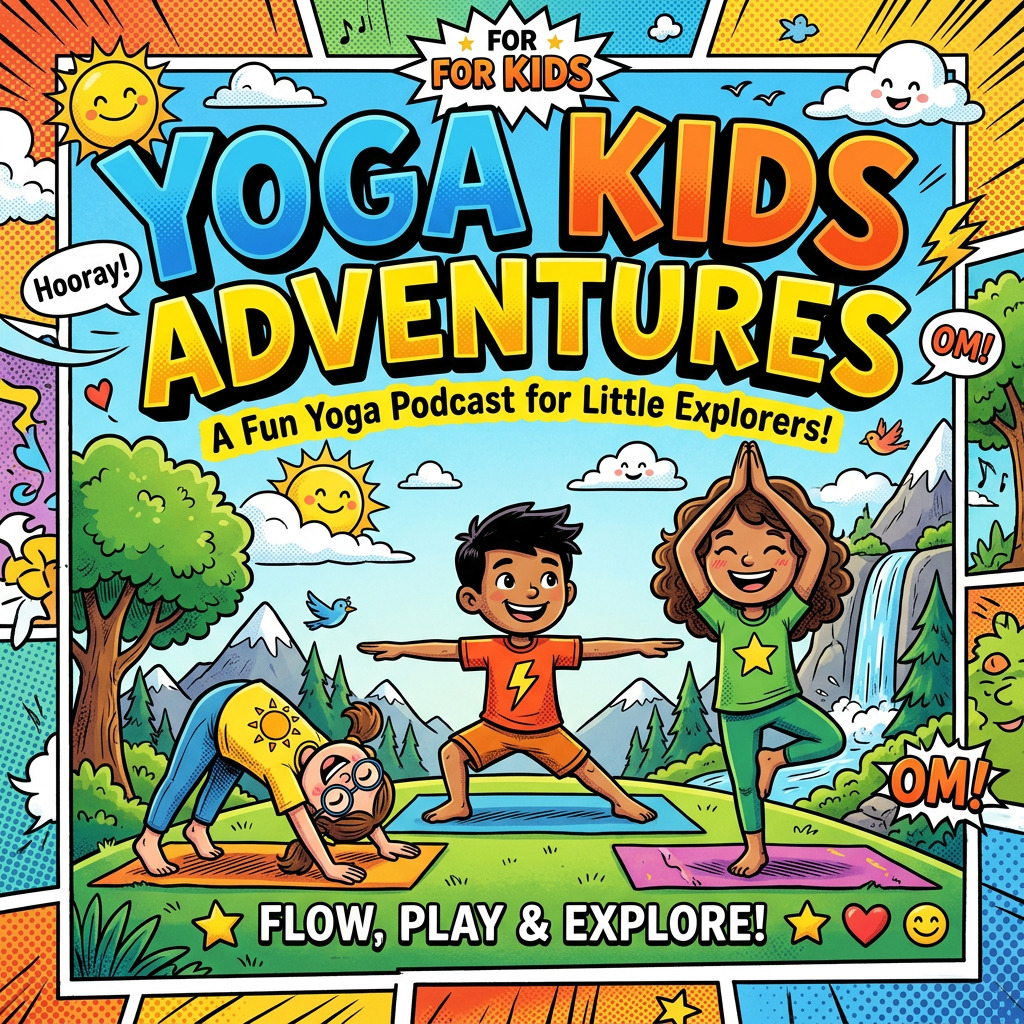 Three children in colorful clothes doing yoga poses outdoors on mats with mountains, trees, and a waterfall in the background.