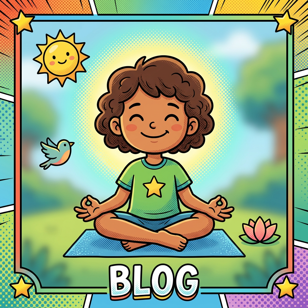 Child sitting cross-legged on a yoga mat meditating outdoors with sun, bird, and lotus